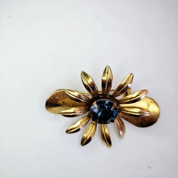 Vintage Sapphire Round Prong Set Rhinestone Gold Tone Floral Daisy Brooch Pin - Picture 5 of 8